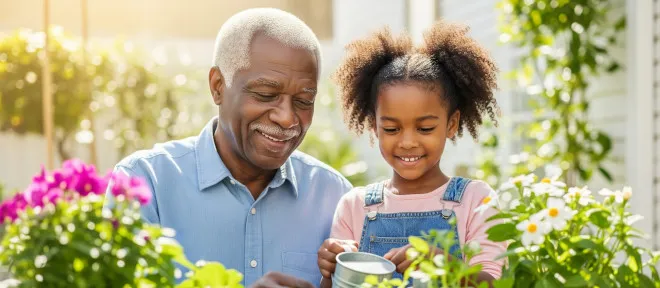 A grandfather and grandaughter garden together