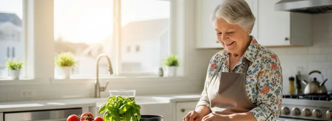 An older lady works happily in her own kitchen at home