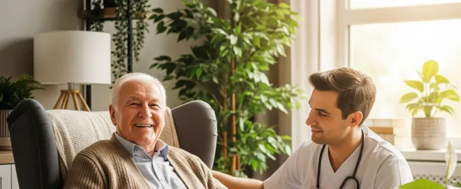 A male nurse attends to a smiling older gentleman
