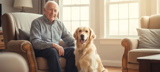 An elderly gentleman sits reading in a comfortable armchair with his dog at his feet