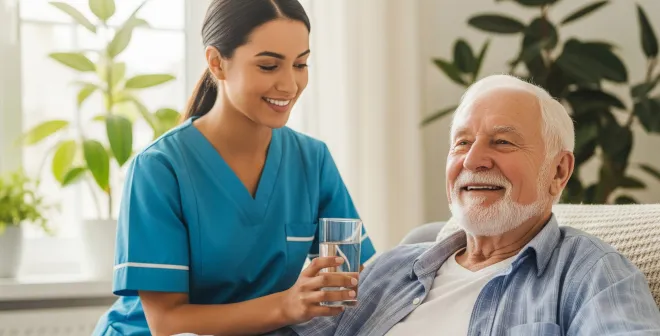 A nurse holds a glass of water as she helps an elder man with his medication