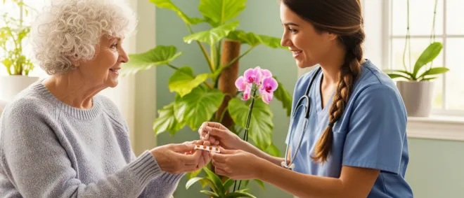 A nurse discusses medication with her senior client
